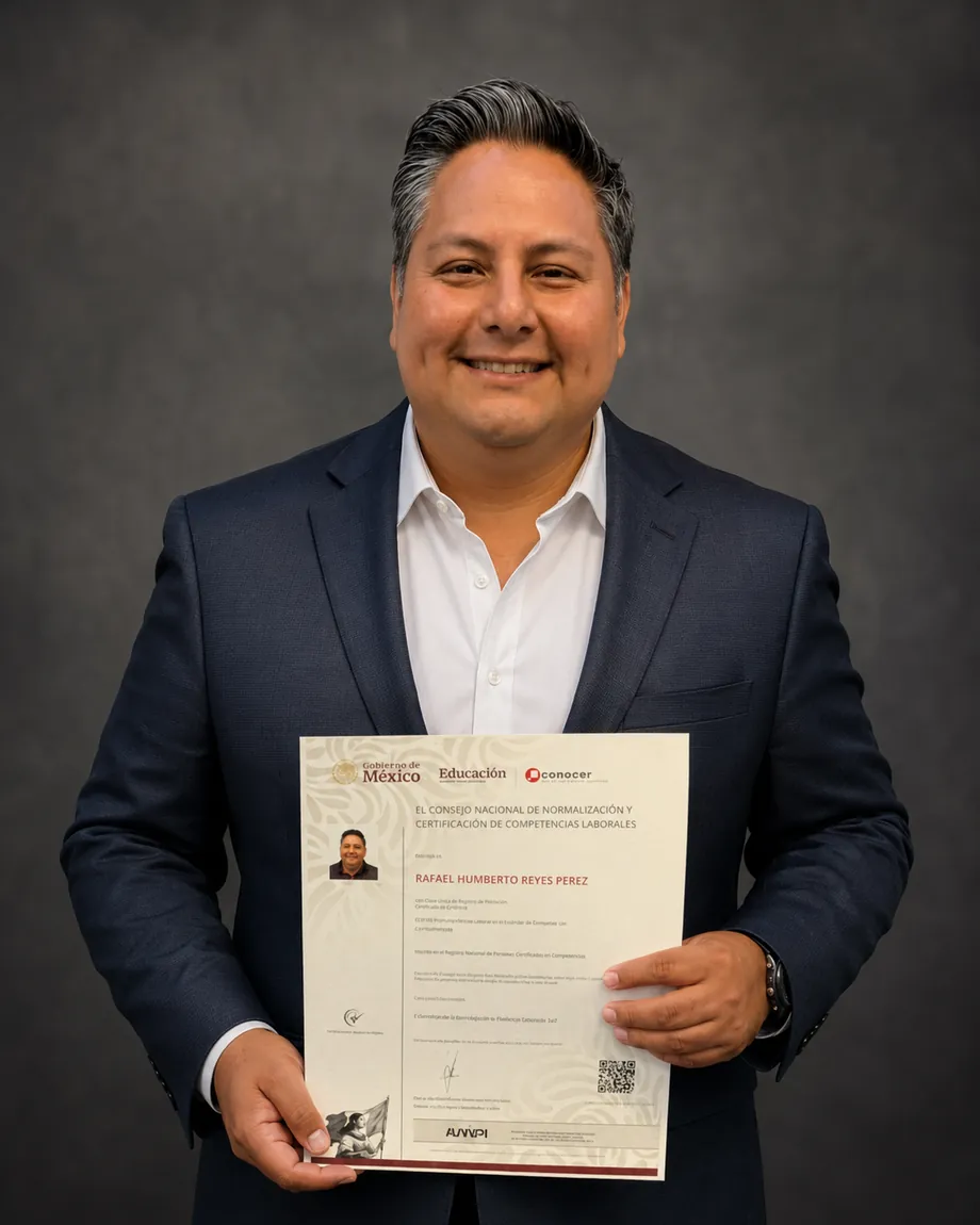 Rafael Reyes sosteniendo su certificado inmobiliario